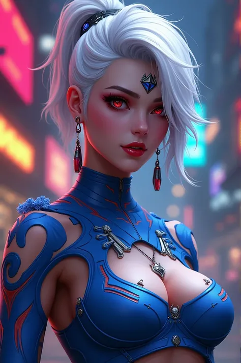 Free Fire gamer style female character, with white hair, red detail, blue cropped top with blue body markings, beard and blue angelicas 