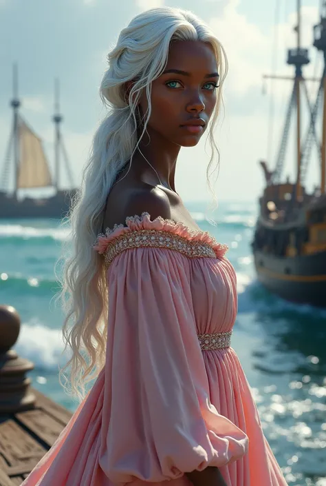 Create a realistic image of a teenage  1 girl with black skin, white hair, blue eyes grayish.
she is wearing a pink dress from the medieval era , and is in a medieval maritime setting 