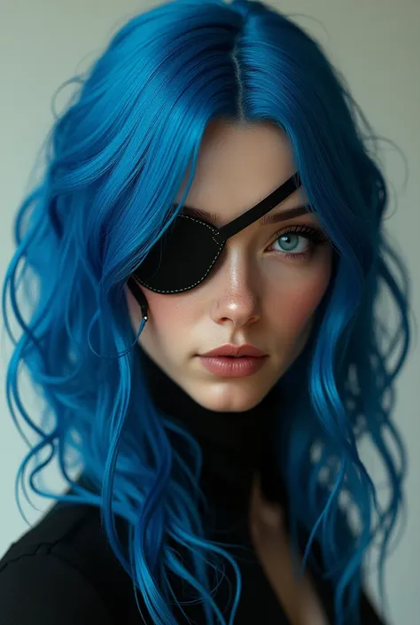 woman with blue hair with waves, an eye patch, the other with white iris and cinnamon-colored brown skin