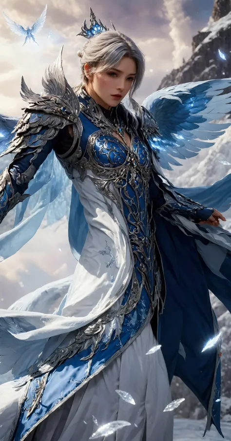 Handsome - style image of a woman dressed in a blue outfit and wings, beautiful celestial mage, ice crystal armor, ornate flowing silvered robes, sliver ice color reflected armor, ice mage, flowing magical robe, aion, detailed fantasy art, 8k high quality ...