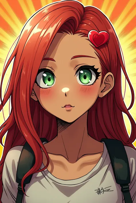 my hero academia manga art style, tan girl who has light red, long, side swept hair, sharp and pointy lime green eyes, has an eyebrow peircing and a red heart hair clip