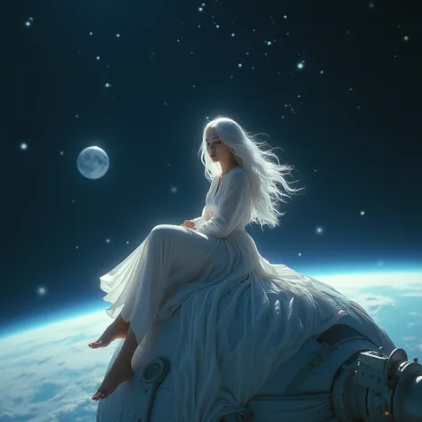 A woman with long white wavy hair,she will be sitting on a satellite and wearing a very long white dress,I want the image to show from far away and it will be in space