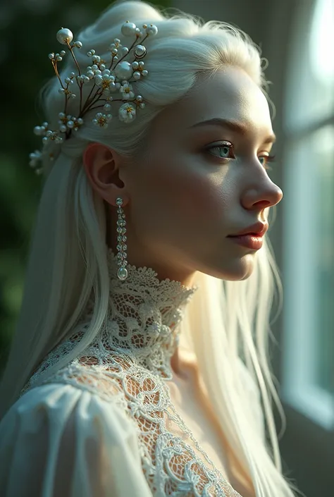 (((An image focuses on light and shadow))) complex 3d render ultra detailed of a beautiful porcelain portrait catherine zetas face ,long white hair, biomechanical cyborg, analogous thing, 150mm lens, beautiful soft edge natural light, Large leaves and stem...