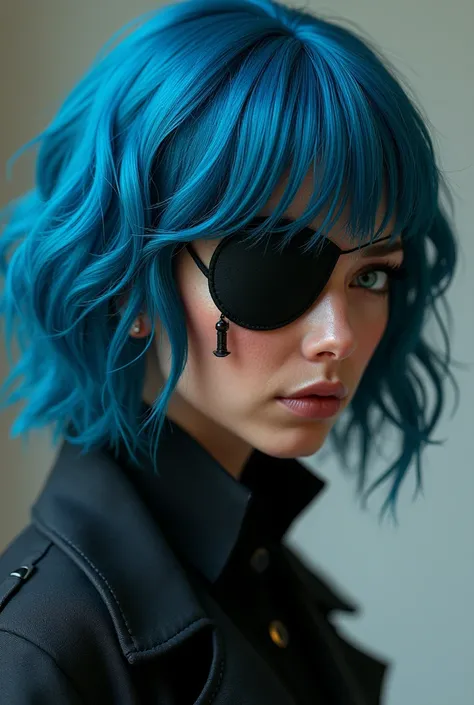 woman with blue hair with waves, an eye patch, the other with white iris and cinnamon-colored brown skin