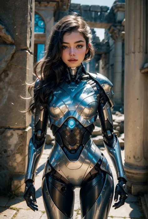 (Best quality, masterpiece, realistic expression photo), Young woman in robot suit posing next to ancient building: 1.1, Beautiful white cyborg girl, Glamourous body: 15, Beautiful cyborg girl, Perfect robot girl, Female robot, Beautiful cyborg image, Perf...