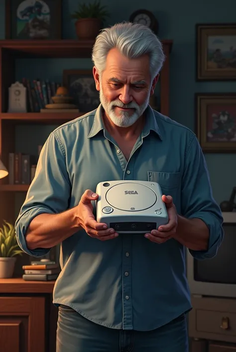 Make a man holding a Dreamcast