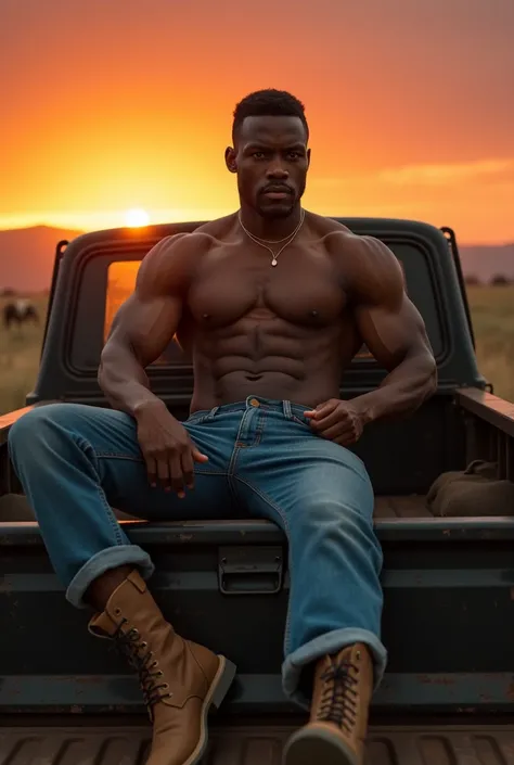 A dark-skinned muscular cowboy resting shirtless on a pickup truck at sunset, prominent muscles, marked abdomen, tight jeans, muscular legs, cowboy running, brown boots, ranch landscape, ultra-realistic, 4k