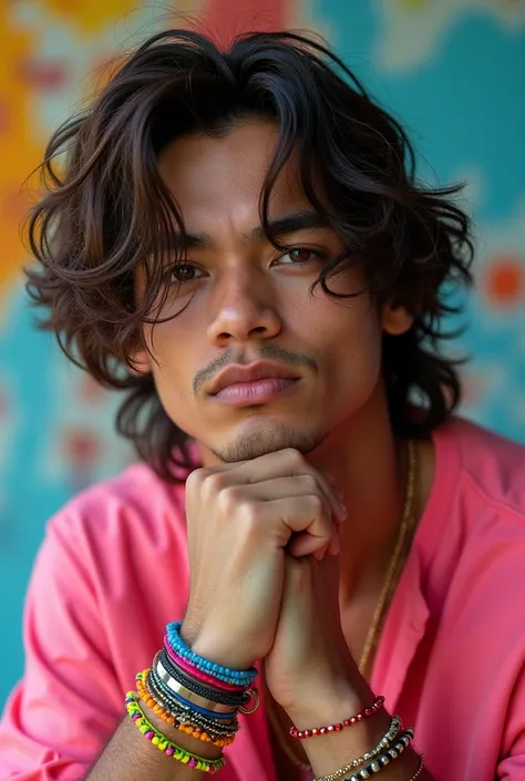 Gay, white boy Filipino, really white skin, has a lot of bead bracelets, wear unique or neon clothes and has brown long shaggy messy hair, ugly