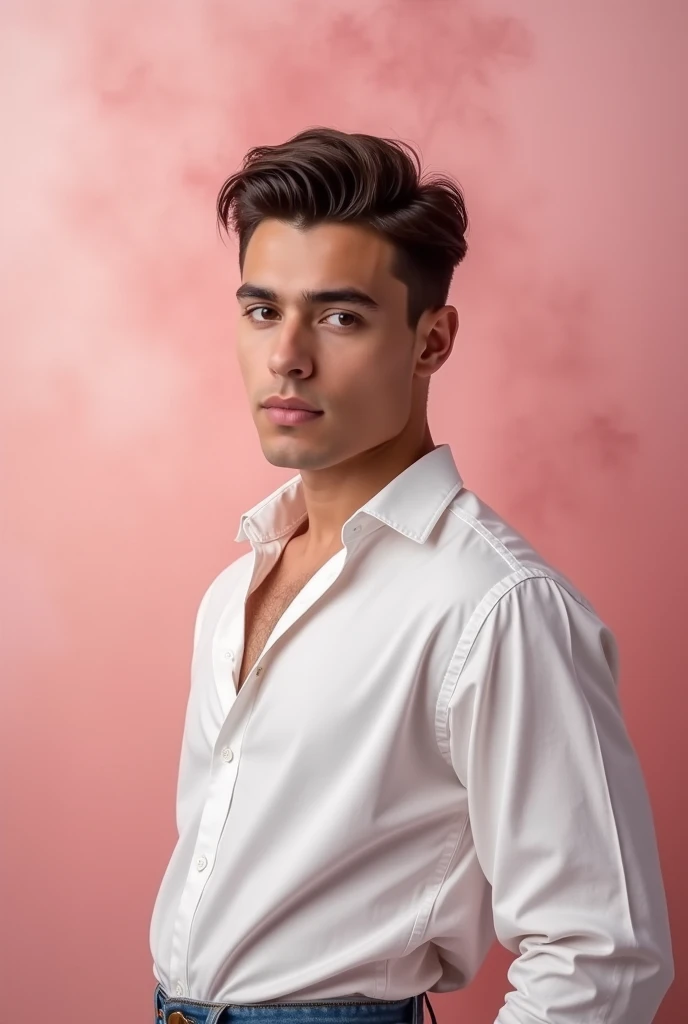 Realistic photos, Handsome man 35 years medium height, around 1.75 meters tall, In general, he wears white shirt and jeans trousers, classic style with a mix of practicality and eccentricity.

His most distinctive feature is his hair, a complete dark brown...