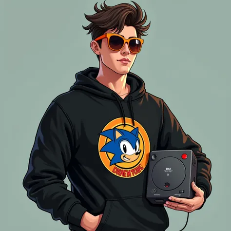 Make a boy an adult, with orange sunglasses, black Sonic sweatshirt, holding a sega dreamcast