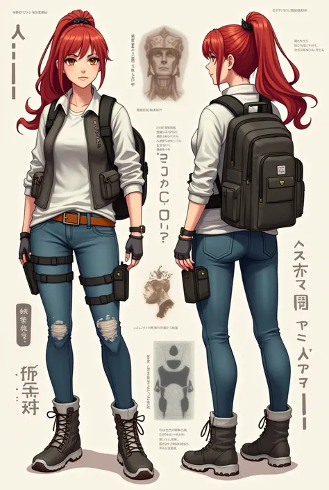 (draw) ((masterpiece, Highest quality)) (Character design sheet, same characters, front, ~ side, return, There are words written all around) Woman with long hair, Redhead with ponytail hairstyle, Brown eyes, Wearing a bulletproof vest, Zippered long sleeve...