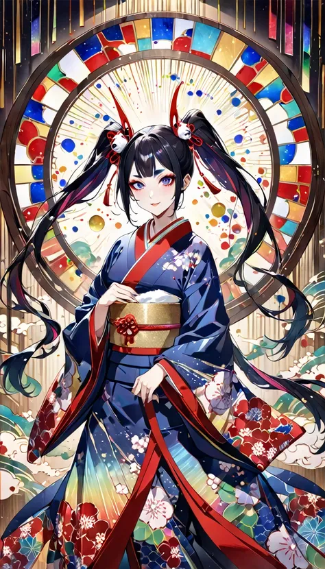 kabuki, kabuki make-up, Ukiyo-e, Japanese painting, woodblock print, attractive and seductive expression, twin-tails, wearing opened rainbow colorful Japanese kimono, background painted with a fusion of oil and watercolor iridescent stained glass, conceptu...