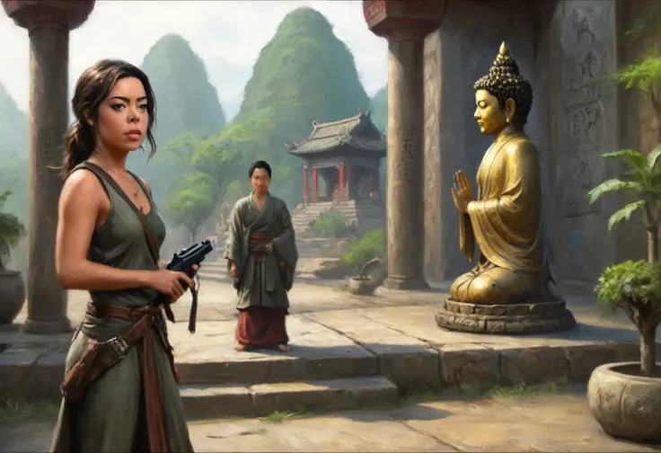 Aubrey Plaza (dungeon explorer outfit, whip on hip, pistol on hip, hair in pony tail, heavy boots) is examining the glyphs on a Buddha Statue. vine infested ancient temple
