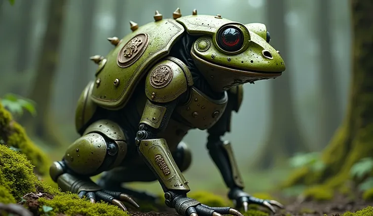 A robot with a frog-like brain、Detailed skin、Actual item、in the forest、moss、Medieval Armor、Ancient Technology、royal coat of arms