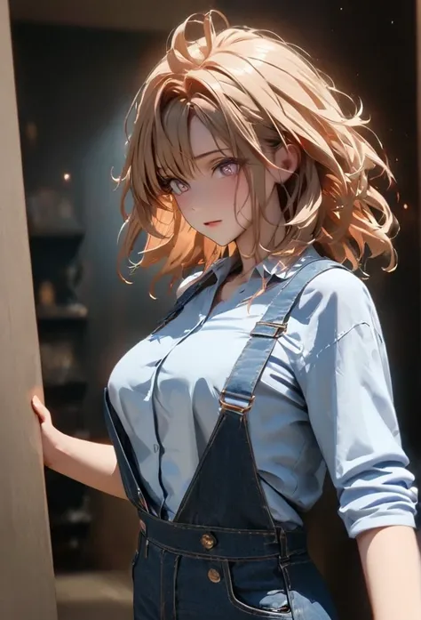 (solo), brown yellow hair, messy hair, mane hair, medium hair, dense hair, wild hair, expressive hair, mature,(2), pale skin, white eyes, ((Female)), beatiful girl, wearing a blue shirt, blue overalls, open shirt, tight clothes, long black pants, rolled up...