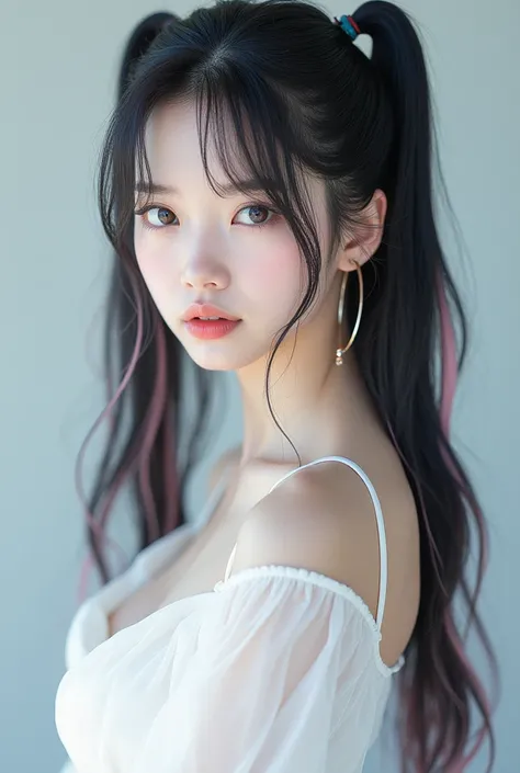 KPop idol, KOREAN, Bblack hair, long hair, slickedback hair, hair without waves, pastel pink highlights hair, small mouth, eyes large, innocent girl, white outfit, realisitic, blue eyes lens, hair two ponytails, bangss