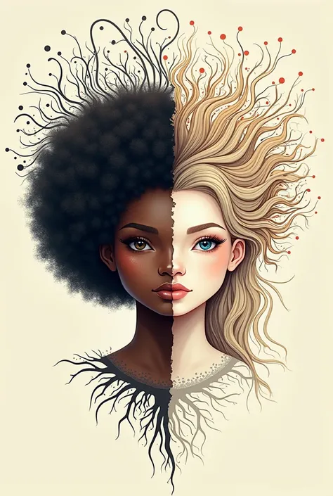 Create a mind map, uniting two people of different colors as one, uma negra com o cabelo black power, and a white person with straight hair