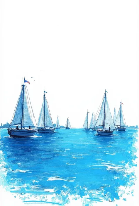 (Crayon sketch1.2)White background, blue sea, hot summer day, a few sailboats, sailboats from far to near, two people standing on the sailboats, various blue crayon lines outlining a picture, rough lines random and bold