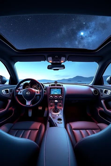 Create a high-tech Nissan 350z interior, with drift handbrake and all modern technologies… the interior is very luxurious.. star on the ceiling .. turbo 