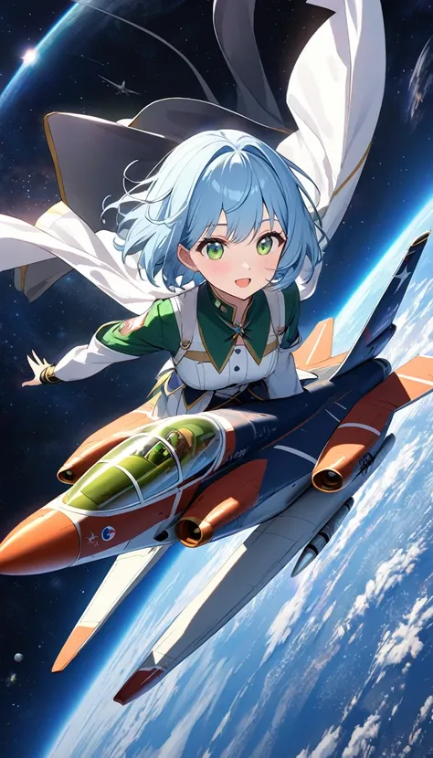 Highest quality、Light blue hair、Short Bob、Deep green eyes,25years old,,small breast,Gorgeous idol costumes、Singing on a fighter jet,universe,universe用戦闘機、Earth below、Information in the galaxy