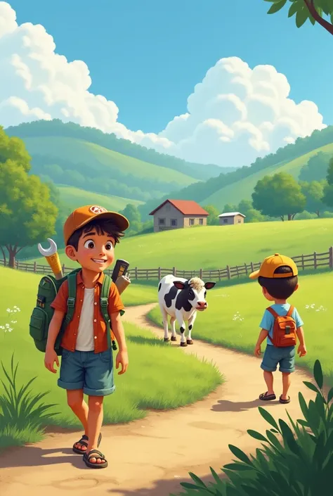 A young man brings his tools and backpack along a path:
Another boy with sandals and no hat is looking for a cow and her calf to milk next to the corral..