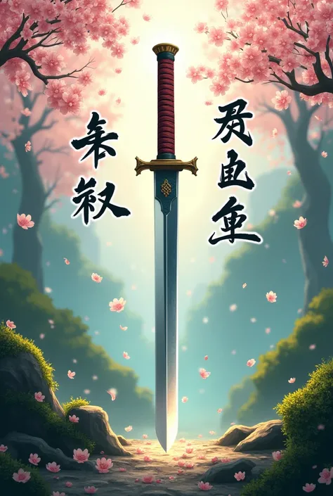 A drawing of a katana standing with some Chinese letters that say loyalty, Freedom, valentia, courage, force,with cherry blossoms and flying petals
