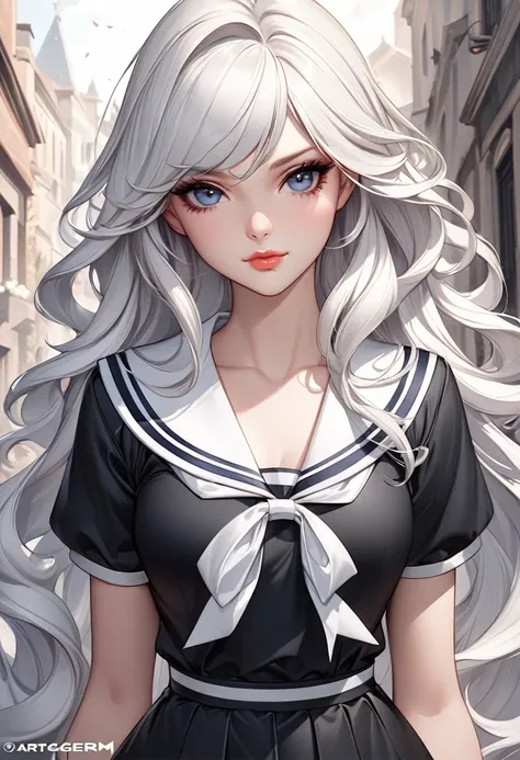 a digital painting of a woman in a sailors outfit, digital art, by Artgerm, tumblr, digital art, anime barbie in white, detailed dress and face, wavy white long hair, anime girl wearing a black dress