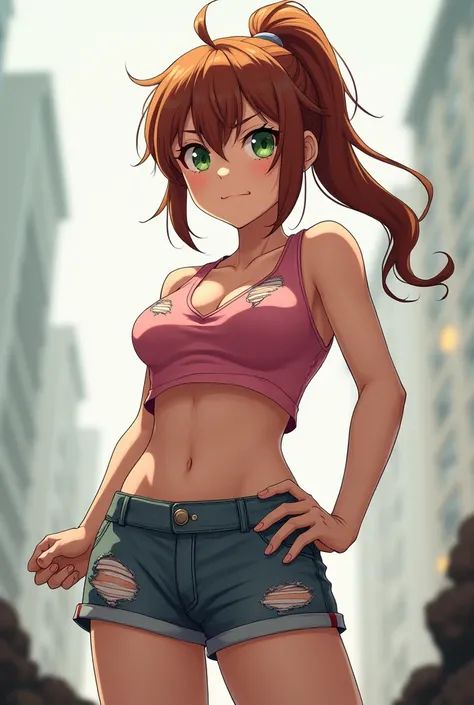 heroic look，anime style woman，high ponytail，chestnut hair, greeneyes, torn garments, ripped pink top, tear shorts,  resources --auto