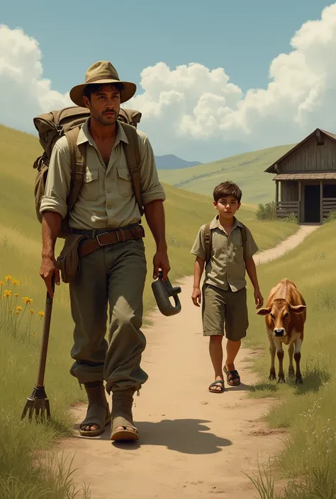 A young man brings his field tools and his backpack along a path:
Another boy with sandals and no hat is looking for a cow and her calf to milk next to the corral..
Do it realistically