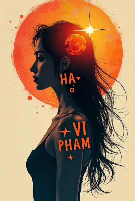 centralized writing HA VI with a capital letter and PHAM with a lowercase letter, written with planet being the name highlighted 

with planet elements, the shadow of a woman making a headline, a radiant star, a simple contemporary art background,hong khon...