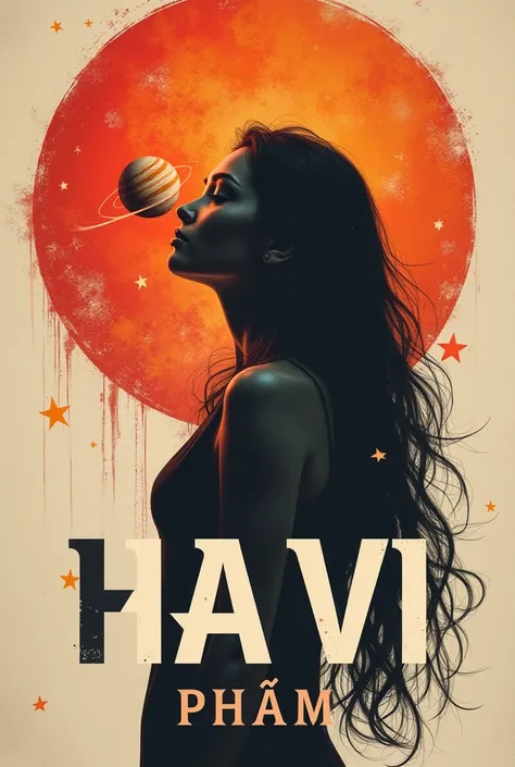 centralized writing HA VI with a capital letter and PHAM with a lowercase letter, written with planet being the name highlighted 

with planet elements, the shadow of a woman making a headline, a radiant star, a simple contemporary art background,hong khon...