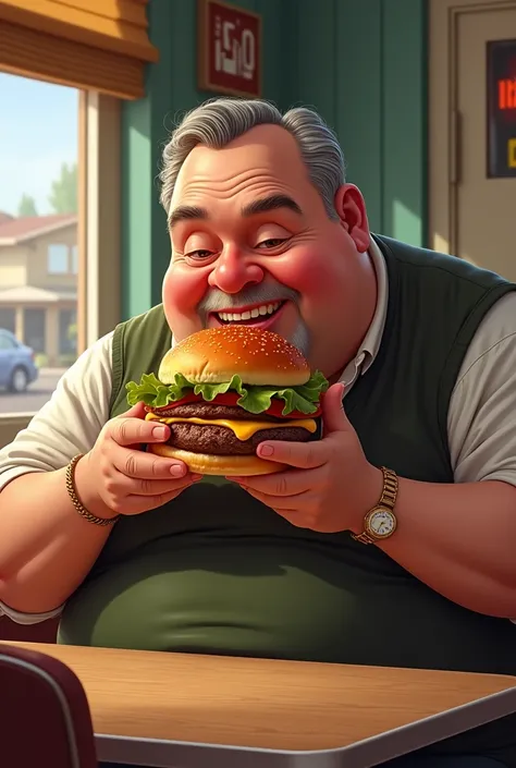 Fat man with buger
