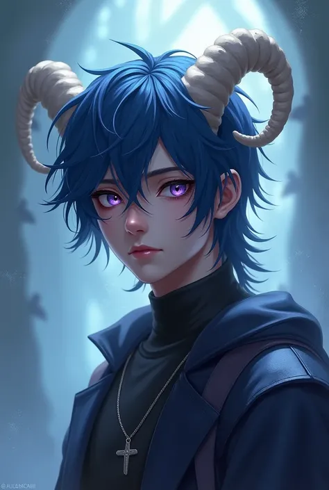 Man with somewhat long blue hair and white horns. purple eyes.