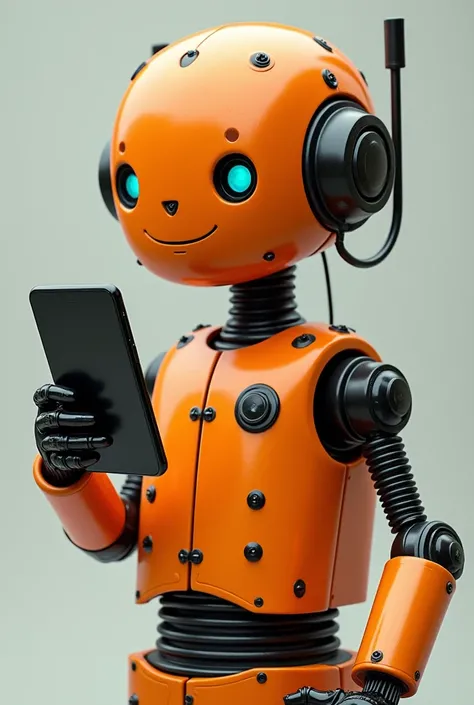 A retro robot with a slight smile in orange and black colors holding a modern cell phone.
