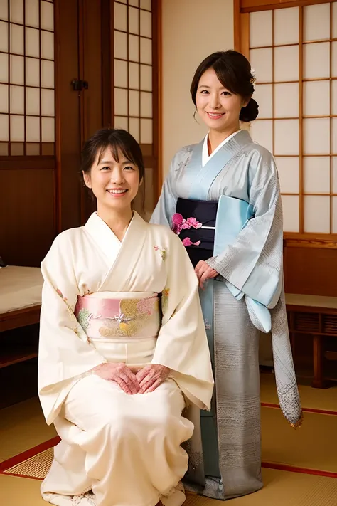 japanese mature、innkeeper、super glamorous、plump、kimono made of thin fabric、white kimono、japanese-style room、see-through yukata