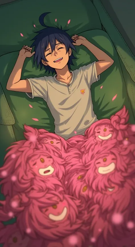 very tired-looking man is lying on sofa in the dark room with his eyes closed wearing worn-out clothes and in his imaginary world who has a big bright haze over his head and in the haze anime girls are smiling happily