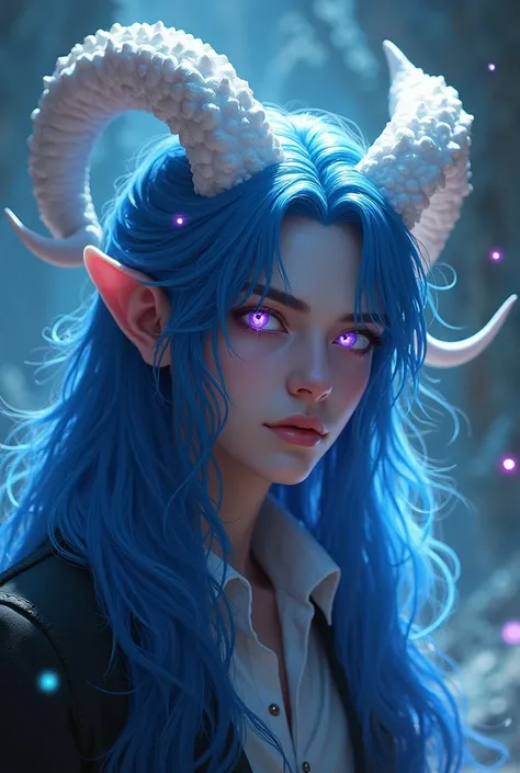 Man with long blue hair and white horns. purple eyes.