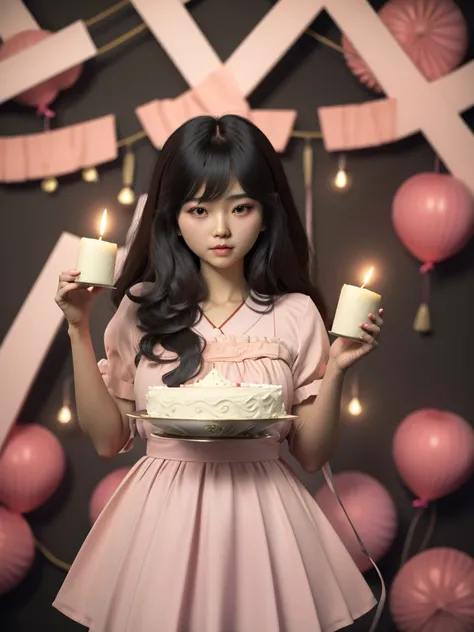 a half-Japanese girl with black hair in a pink dress holding a cake with a 25th birthday candle