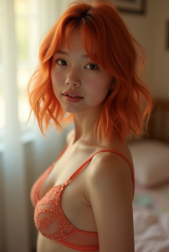 Extremely beautiful 14yo girl ,highly clear face,in a bedroom,very cute,phenomenal aesthetic,Amazing photos,Cinematic Lighting,Clear perfect eyes, ginger chin length bob hairstyle,bokeh,Sexy self-confidence,proud and independent,NSFW,flowing light and colo...