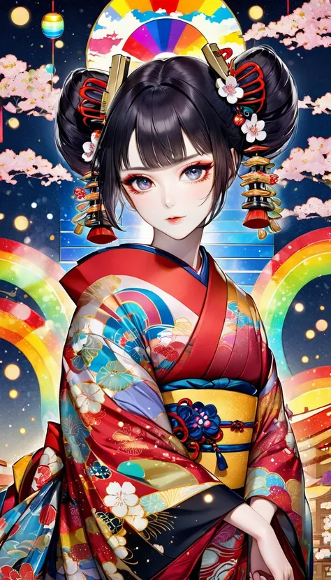 kabuki, kabuki make-up, Ukiyo-e, Japanese painting, woodblock print, attractive and seductive expression, twin-tails, wearing opened rainbow colorful Japanese kimono, background painted with a fusion of oil and watercolor iridescent stained glass, conceptu...