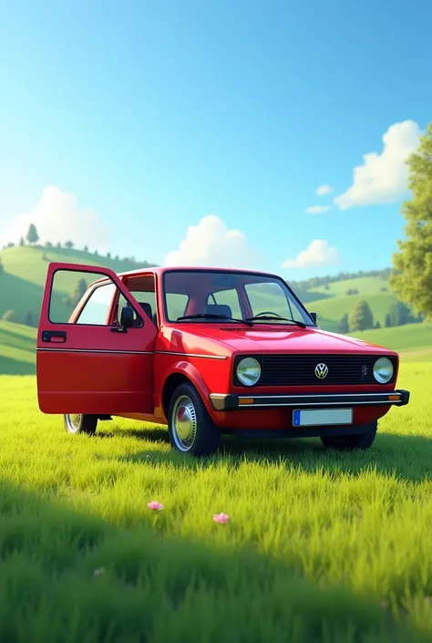 A red 1997 Volkswagen Gol in a pasture of short green grass with a view of the doors
