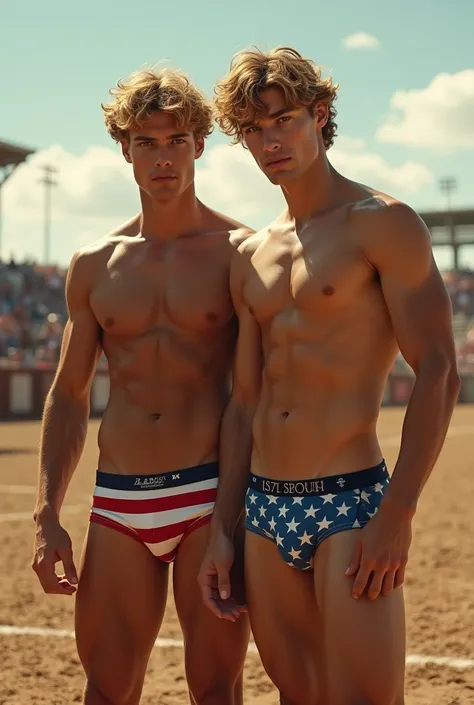 2boy, long shot, full body angle visible, face detail, arms detail, body detail, legs detail, feets detail, hands detail, male body, soft youthful face, slim male body, clear cold skin, curly blonde shoulder-length hair, boxer underwear with American flag ...