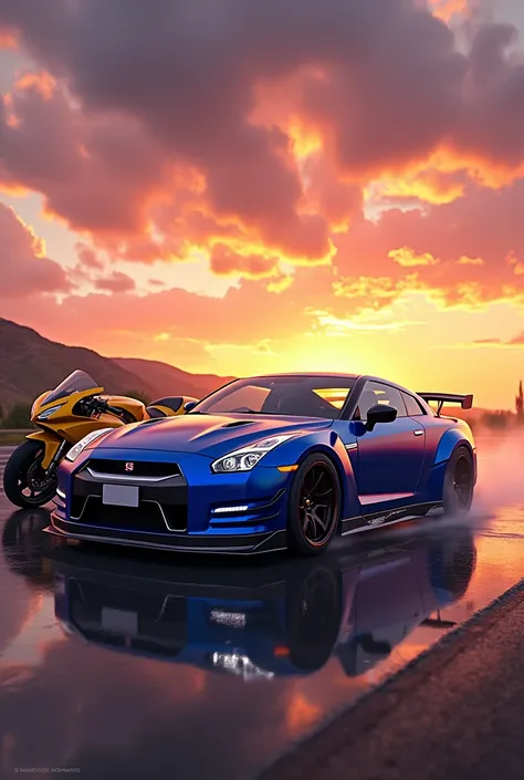 blue gtr and a yellow hornet motorcycle with a sunset behind