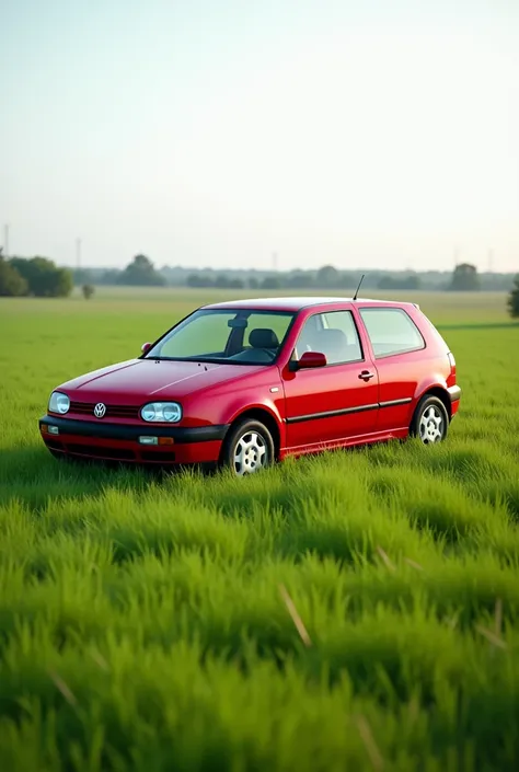 A red 1997 Volkswagen Golf in a pasture of short green grass with a view of the closed doors 
