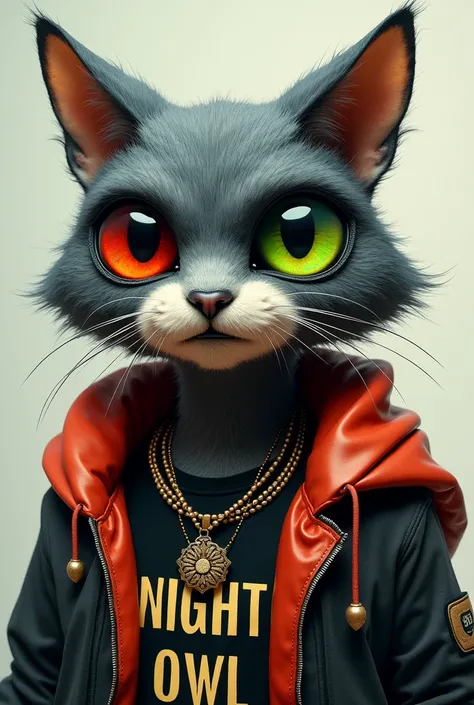 A fusion of a cat owl with dark circles under his eyes, red and green eyes, hip hop clothing that says night owl and is tough and has earrings and a lip piercing