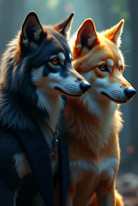 a Thomas Anders as anthropomorphic wolf with black long hair in 80s style,Dieter Bohlen as anthropomorphic wolf with blonde long hair in Modern Talking band style,detailed portrait,hyperrealistic,epic lighting,cinematic composition,dramatic shadows,intrica...