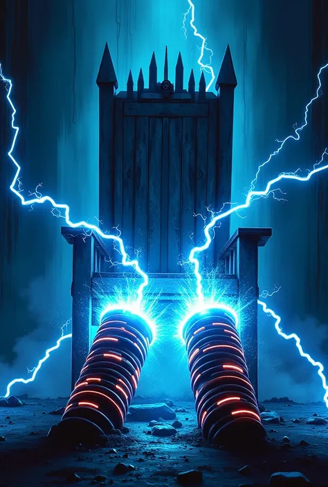 Logo for a classic heavy metal band called overload, place two electric coils conducting energy from one to the other, place an electric chair in the background and use blue and white colors. 