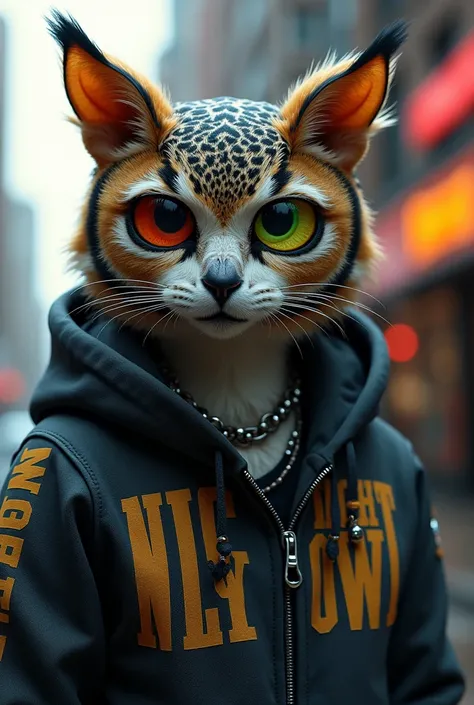 A fusion of an owl cat with dark circles under his eyes, red and green eyes, hip hop clothing that says night owl and is tough and has earrings and a lip piercing