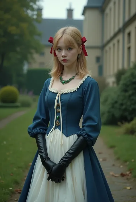 France in the 1890s。The main character of Violet Evergarden has blonde shoulder-length hair with a red ribbon.。She is wearing a classical aristocratic outfit based on ultramarine blue, with a white ribbon on her chest and an emerald necklace in the center....