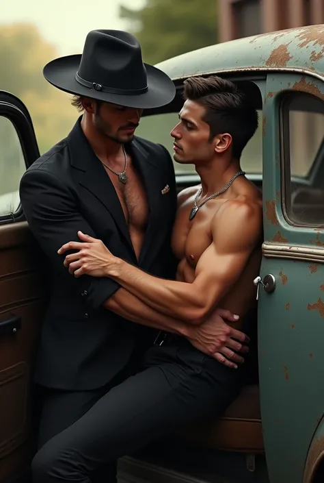 A handsome, beautiful, attractive 2 man wearing a hat and a black cowboy outfit getting out of a car with a handsome, cute, shirtless young man carrying the young man on a last night